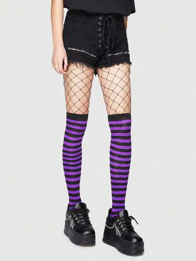 Goth 1 par de pantalones minimalistas de malla + 1 par de calcetines de rodilla a rayas en contraste negro y morado, combinación de estilo punk, ropa cálida de otoño