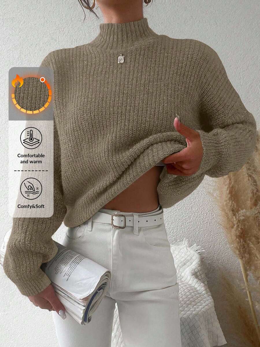 EURMUSE Mock Neck Drop Shoulder Sweater - Apricot - View 1