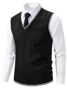Manfinity Mode Chaleco de punto clásico para hombre con cuello en V sin mangas, en color negro con ribete blanco, para el invierno - Negro - Ver 3