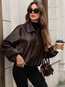 EMERY ROSE 女式街头时尚PU拉链长袖夹克 - 棕色 - 查看 3
