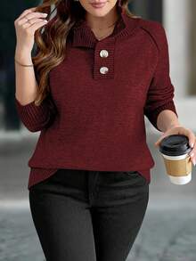 SHEIN LUNE Áo len dài tay cổ bẻ cài nút màu trơn cổ điển, mùa đông - Màu Đỏ Sâu - Xem 1