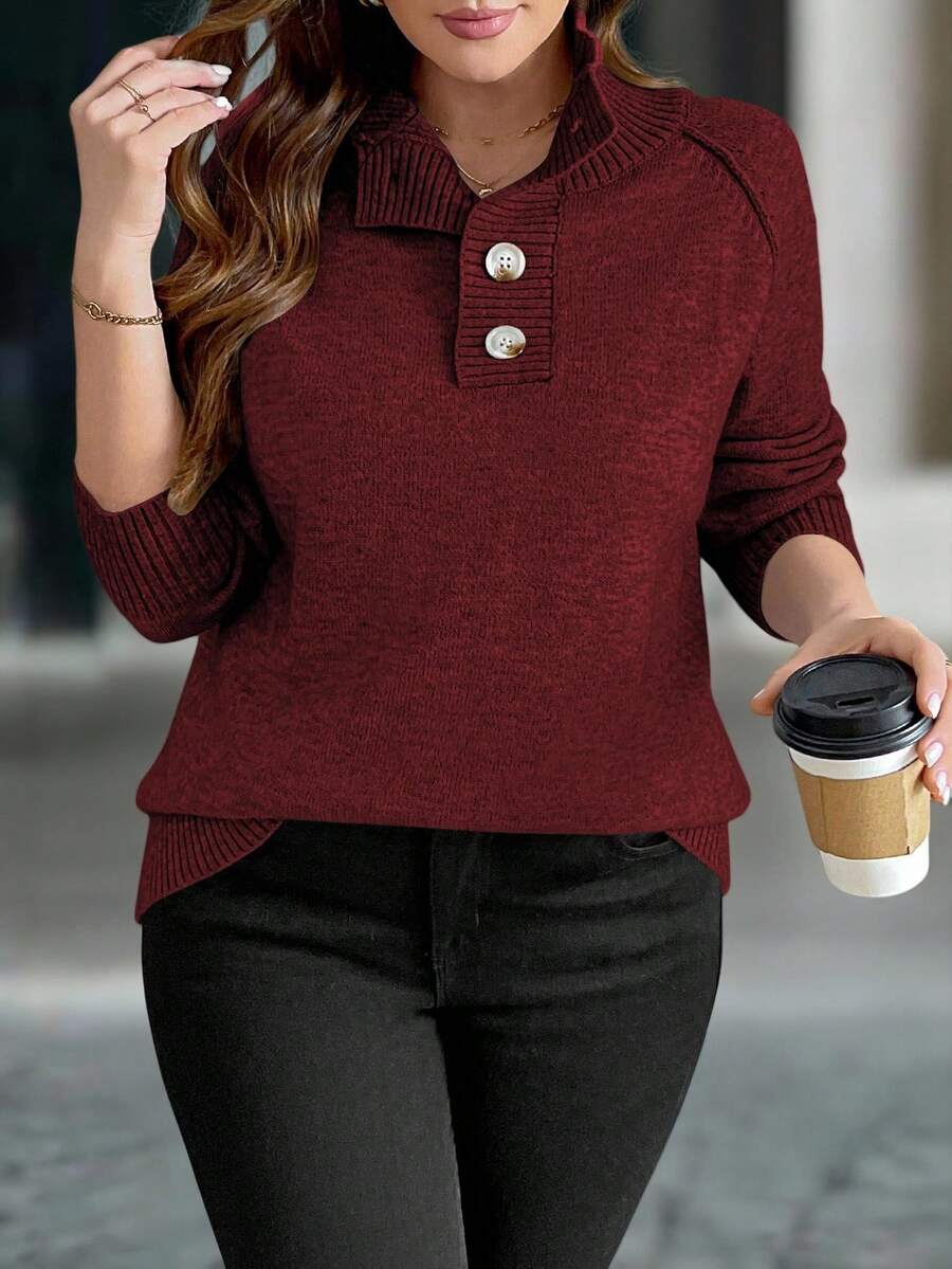 SHEIN LUNE Áo len dài tay cổ bẻ cài nút màu trơn cổ điển, mùa đông - Màu Đỏ Sâu - Xem 1