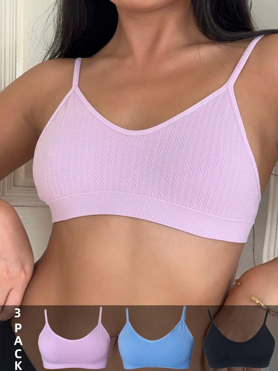 SHEIN 3pcs/Set Seamless Ribbed Bras, Sweet Girl Style Lingerie - Multicolor - View 1