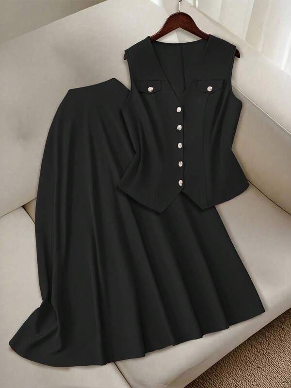 Regalyn طقم أنيق للنساء يتكون من ملابس علوية بدون أكمام وياقة على شكل حرف V مع خصر مربوط وتنورة طويلة على شكل A، بلون أحادي بطراز عتيق، مناسب للعطلات والذهاب إلى العمل