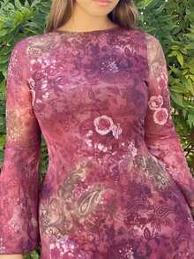 Nezia Cruz 大码女装秋季连衣裙，女士长袖连衣裙，Y2k 复古佩斯利网眼喇叭袖性感节日连衣裙，适合日常穿着 - 彩色 - 查看 3
