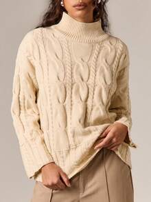 AiiRZ Cable Knit Turtleneck Pullover Sweater With Classic Pattern Fall Winter Cozy Knitwear - Apricot - View 4