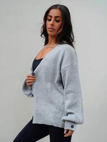 SAYEHFBABY Women's Solid Color Drop Shoulder Long Sleeve Loose Casual Cardigan For Autumn/Winter,Grey Sweater,Women Cardigans,Fleece - Grey - View 6