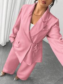 Elenzga Bộ vest blazer buộc dây thanh lịch màu trơn cỡ lớn dành cho nữ, thích hợp mặc đi làm, mùa thu/đông - Hồng - Xem 7
