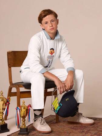 PrepCrw 2ชิ้น เสื้อแขนยาวคอกลมตาข่ายลายสุนัขสวย ลำลองคาวบอย สำหรับเด็กหนุ่ม และกางเกงขาวลายริ้วแดง เหมาะสำหรับท่องเที่ยว งานสังสรรค์ กลับโรงเรียน ฤดูใบไม้ร่วง และ ฤดูหนาว