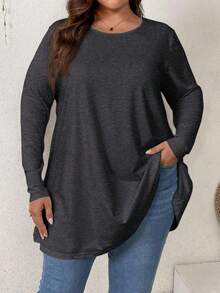 Firerie Túnica básica de manga larga, cuello redondo, unicolor, de corte holgado y elegante para ocasiones casuales y vacaciones, talla grande - Gris Oscuro - Ver 8