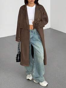 SHEIN EZwear Áo khoác dáng dài hai hàng cúc màu trơn dành cho nữ mùa Thu Đông 2025, kiểu dáng công sở màu nâu, thích hợp cho Giáng sinh và mùa Thu, trang phục Halloween. - Cà phê nâu - Xem 7