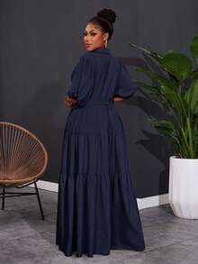 SHEIN CURVE+ 2025 Plus Size Women Solid Color Short Sleeve Spring A-Line Ruched Panel Maxi Dress,Curve Plus ,Hoho Vacation,Fall Clothes For Women - Navy Blue - View 4