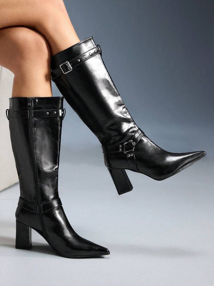 CUCCOO GRLICON High Shaft Pointed Toe Chunky Heel Side Zipper European And American Fashion Women Boots