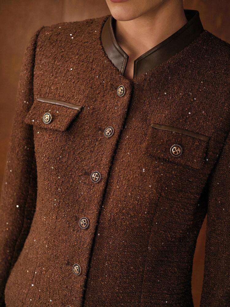 VESTE COURTE FEMME CHIC COL MONTANT CONTRASTÉ  PU À SIMPLE BOUTONNAGE AVEC SEQUINS, AUTOMNE/HIVER