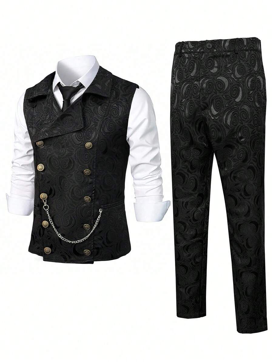 Manfinity AFTRDRK 男士复古双排扣背心和西装裤套装 - 黑色 - 查看 1