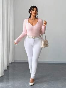 Elenzga Women's Regular Pink Casual Elegant Comfortable Temperament Solid Color Mink Chic Fur Deep V Neck Slim Fit Raglan Long Sleeve Metal Special-Shaped Ring Buckle Decoration Date Daily Party Plus Size Knitted Stretch SexyKnit Pullover Korean Style Top, Spring Fall Winter