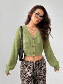 SHEIN PETITE White Lantern Sleeve Button Front Rib Knit Cardigan,Off The Shoulder Sweater In Fall/Winter Cardigan Cropped Crop Top Sweater Knit Tops Off Shoulder Sweater - Mint Green - View 3