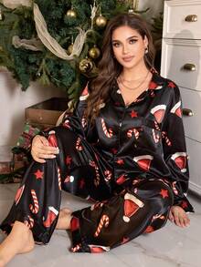MuseNap CURVE Plus Size Funny Christmas Faux Silk Printed Lapel Top & Pants Pajama Set, Suitable For Loungewear & Outerwear Fall Winter Clothes - Black - View 1