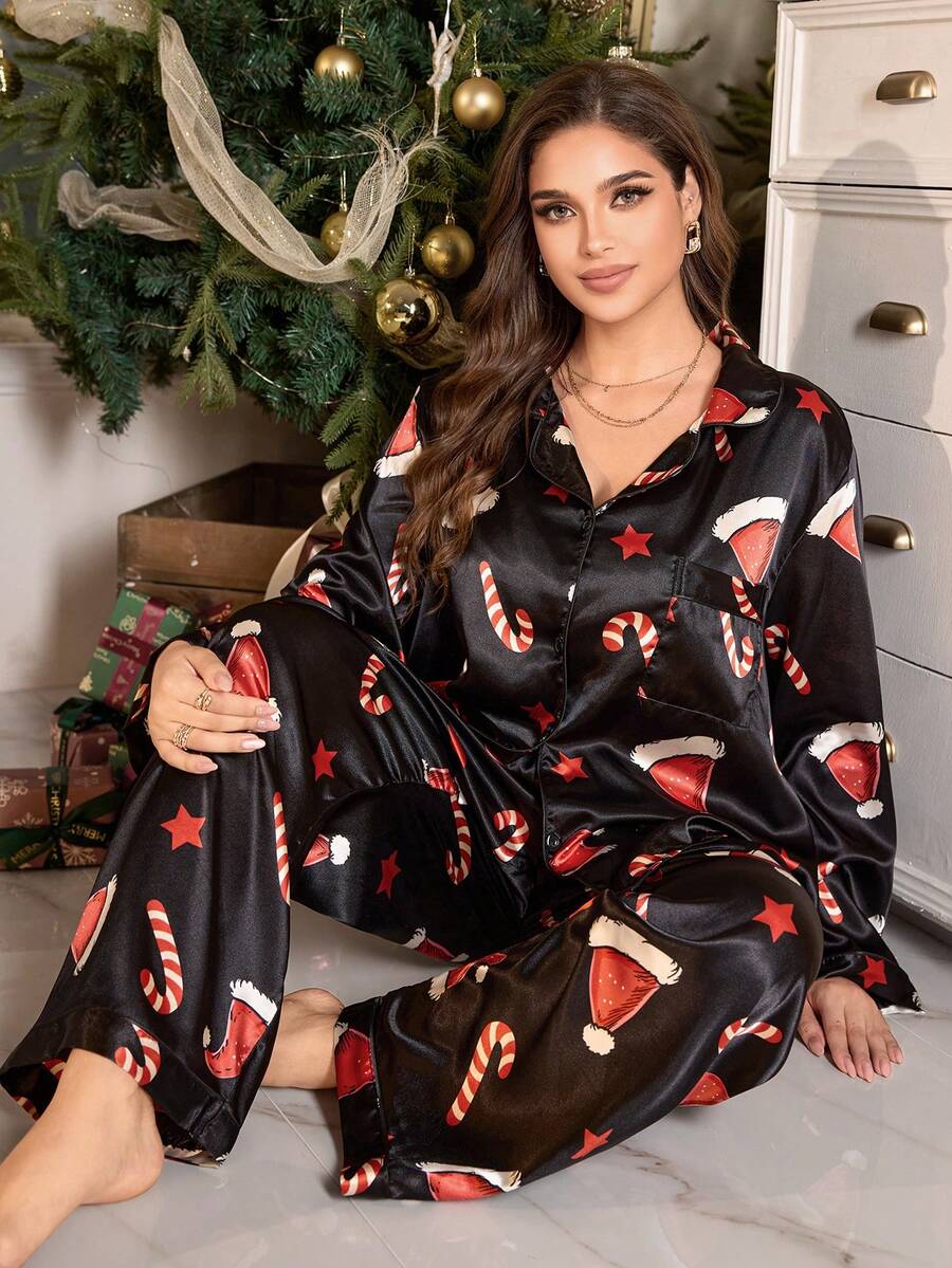 MuseNap CURVE Plus Size Funny Christmas Faux Silk Printed Lapel Top & Pants Pajama Set, Suitable For Loungewear & Outerwear Fall Winter Clothes - Black - View 1