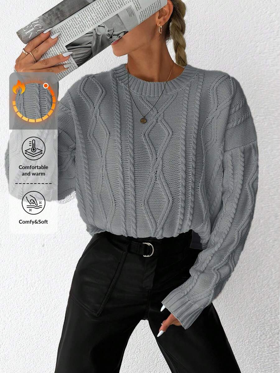 EURMUSE Cable Knit Drop Shoulder Sweater - Light Grey - View 1