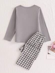 SHEIN Genkimix Kids 2 件套女童卡通小狗蝴蝶结印花针织休闲长袖上衣和裤子睡衣套装 - 淺灰色 - 查看 2