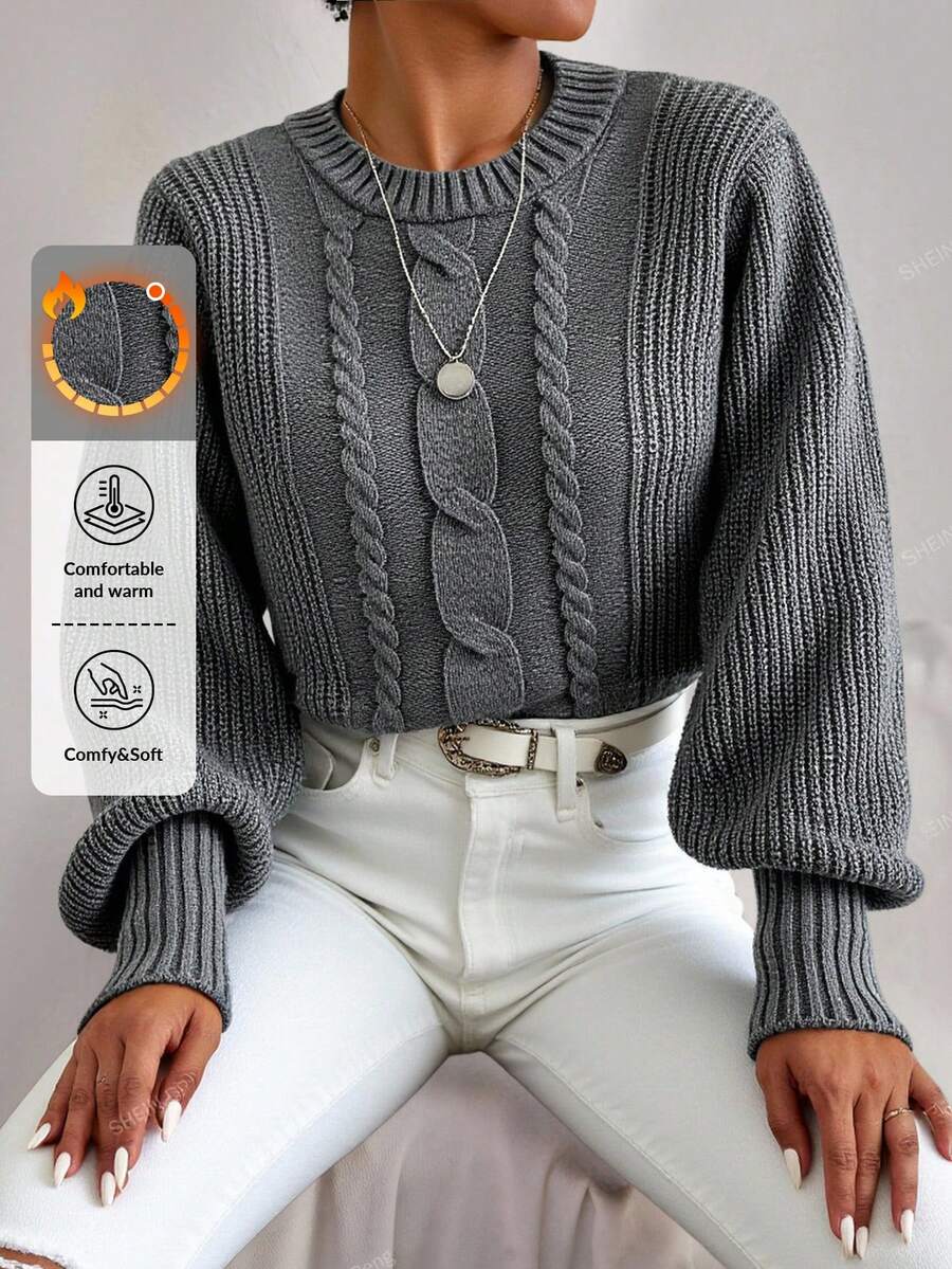 SHEIN Cottnline Round Neck Long Sleeved Cable Knitted Sweater - Dark Grey - View 1