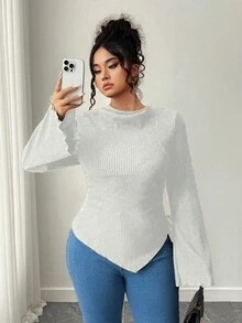 Elenzga 加大码纯色圆领不对称下摆优雅长袖T恤 - 白色 - 查看 5