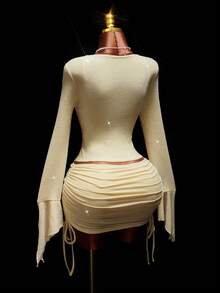 Amplova Women's Sexy 2 Pieces Set, Suitable For Party, Long Sleeve Top With Bra Cup And Mini Skirt, Autumn/Winter