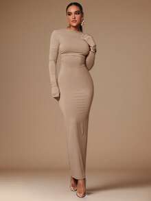 Silquee 女式基本款吊带裙，性感露背，腰部褶饰，亲肤，长袖，及地长裙 - 卡其色 - 查看 2