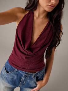 SHEIN BAE 女士时尚性感闪光露背吊带背心 - 酒紅色 - 查看 6