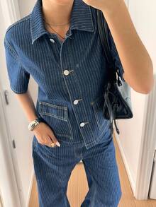 Siren Gaze 女士休闲通勤条纹上衣和牛仔裤套装 - 深色水洗藍 - 查看 3