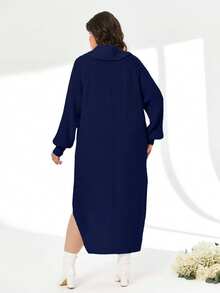 EURMUSE Turtleneck Raglan Sleeve Split Thigh Sweater Dress Without Belt - Navy Blue - View 2