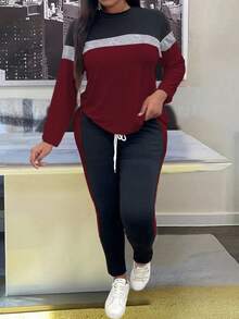 EMERY ROSE Große Größen Set mit kontrastfarbigen Streifen, Rundhalsausschnitt, Langarm, locker geschnitten, 2 Stücke - Verschiedenfarbig - Übersicht 6