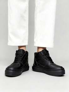 Tenis para hombre alta resistencia sintético transpirable punta redonda con cordones suela gruesa antideslizante estilo urbano cancha tenis - Negro - Ver 2