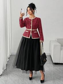 Elenzga Plus Size Women's Elegant Plaid Patchwork Ruffle Jacket And Tulle Pom Pom Princess Skirt 2 Pieces Set,Black And Red Autumn Formal Party Outfits - Multicolor - View 3
