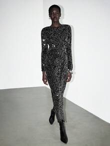 Lumivelle 女式露背蝴蝶结系腰修身长袖连衣裙，适合节日派对、宴会、聚会、约会、秋冬季 - 黑色 - 查看 2