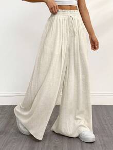 SHEIN PETITE 教师服装休闲舒适亚麻面料杏色阔腿裤，配有松紧腰带和口袋，适合日常休闲穿着，适合老款风格女士夏装教师服装女士亚麻亚麻裤阔腿裤女士宽松裤亚麻裤女士阔腿亚麻裤亚麻夏季裤 - 杏色 - 查看 4