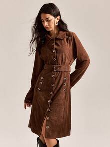 Easelle Vintage Women's Brown Suede Eyelet Design Waist Belt Trench Coat, Autumn Women's Winter Jacket Metal Chicken Eye Decoration Design