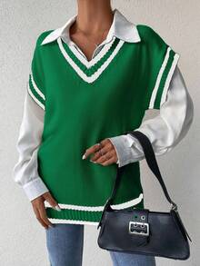 EURMUSE Women's Striped Edging Sweater Vest - Green - View 3
