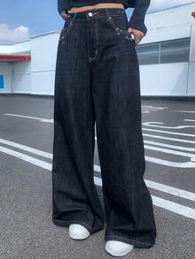 DAZY 女士休闲时尚街头时尚百搭通勤孔眼细节宽松阔腿牛仔裤 - 藏蓝色 - 查看 5