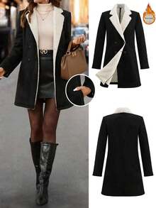 Editum 女士优雅高端翻领黑色大衣，秋季新款女士优雅多功能保暖内衬夹克，秋冬加厚外套，女士冬季外套，女士粗花呢外套，女士格子外套，女士冬季服装，女士外套，女士秋季服装，带绒里服装，女士冬季服装，绒里秋冬棉质长款保暖夹克 - 黑色 - 查看 6