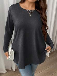 Firerie Túnica básica de manga larga, cuello redondo, unicolor, de corte holgado y elegante para ocasiones casuales y vacaciones, talla grande - Gris Oscuro - Ver 2