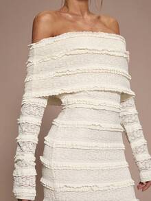 SHEIN BAE Apricot Lace Off Shoulder Long Sleeve Bodycon Dress With Back Slit, Elegant For Cocktail Party, Romantic Date, Autumn/Winter Layering, Party, Formal Gathering, Christmas - Apricot - View 7