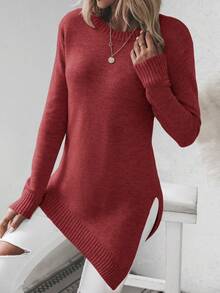 EMERY ROSE Women's Solid Color Round Neck Asymmetric Hem Long Sleeve Sweater, Autumn/Winter - Burgundy - View 7