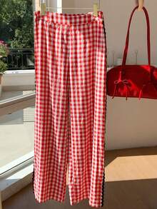 Comfortcana Women's Patchwork Wavy Ribbon Plaid Wide Leg Loose Casual Pants, Christmas