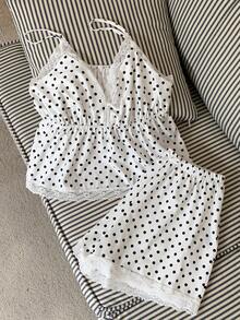 Comfortcana 2件套女士蕾丝拼布波尔卡圆点印花吊带背心和短裤套装 - 黑與白 - 查看 1