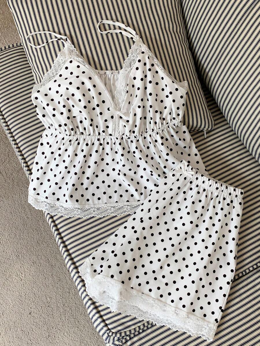 Comfortcana 2件套女士蕾丝拼布波尔卡圆点印花吊带背心和短裤套装 - 黑與白 - 查看 1