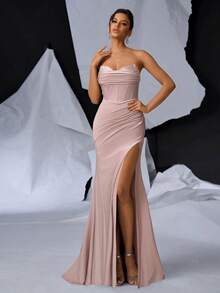 Vowa Glamorous Sexy Strapless Neckline Decor Boned Bodycon Fish Tail Slit Maxi Dress, Evening Gown - Dusty Pink - View 7