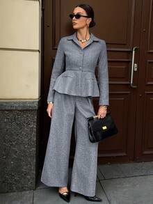 Siren Gaze 2 piezas Conjunto de traje de lana en tono gris Traje de oficina elegante con blazer que define la cintura y pantalones, Conjunto de atuendos de oficina para mujer, Atuendos casuales de negocios, Conjunto de 2 piezas, Traje de mujer de 2 piezas, Ropa de otoño e invierno elegante para mujer