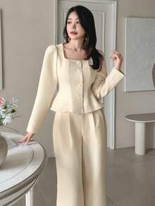 DAZY Bộ 2 món áo khoác trơn màu thanh lịch và quần ống rộng cho nữ, mùa thu - Màu be - Xem 3